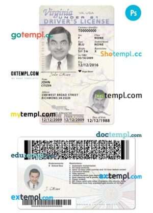 USA Virginia state vertical driving license editable PSD template, under 21, 2009-present