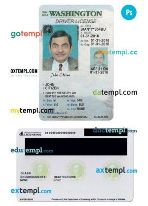 USA Washington state vertical driving license editable PSD template, under 21