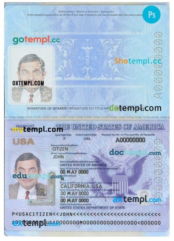 USA passport template in PSD format, 2020-2023