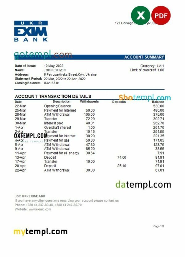 Ukraine Ukreximbank bank statement, Excel and PDF template