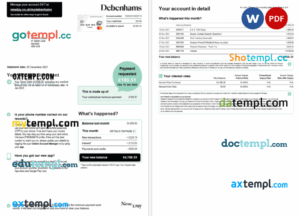 United Kingdom Debenhams card monthly statement Word and PDF template, 4 pages