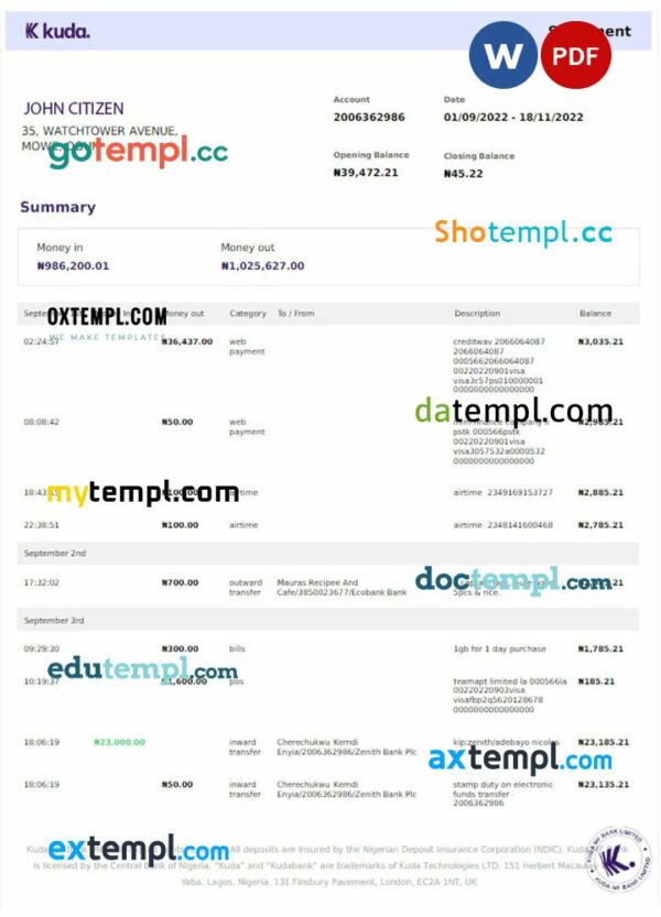 UNITED KINGDOM KUDA bank statement Word and PDF template