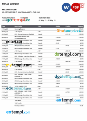 United Kingdom M Plus Current bank statement Word and PDF template