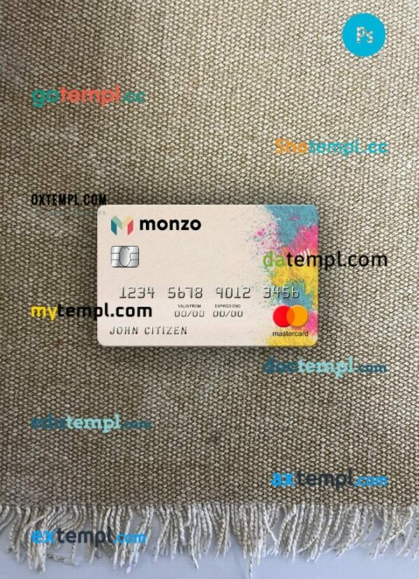 United Kingdom Monzo bank mastercard PSD scan and photo taken image, 2 in 1