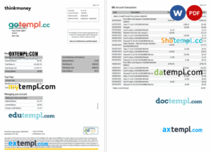 United Kingdom Think Money bank statement Word and PDF template, 3 pages