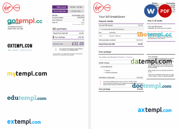 United Kingdom Virgin Media invoice Word and PDF template, 2 pages