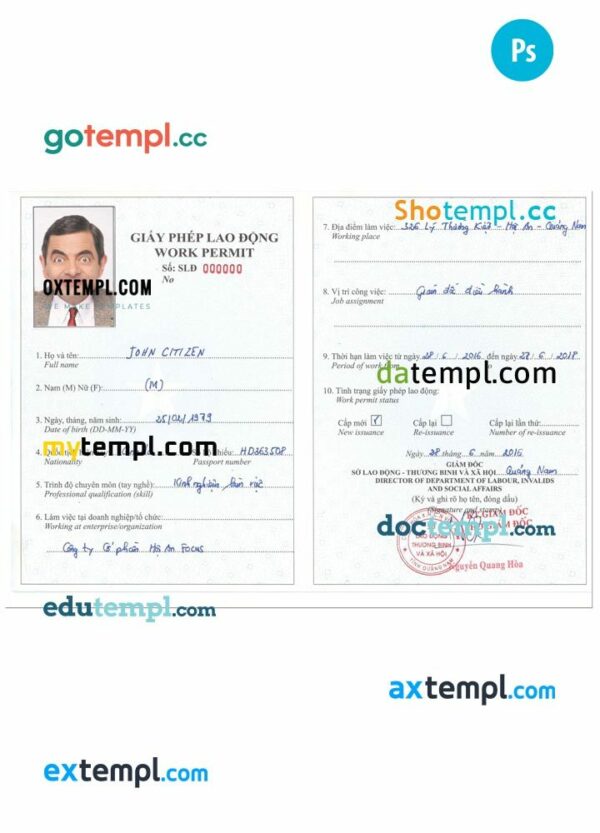 VIETNAM work permit PSD example, with fonts