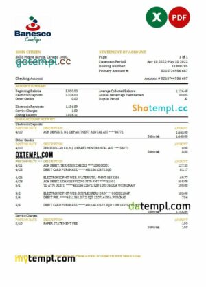 Venezuela Banesco bank statement, Excel and PDF template
