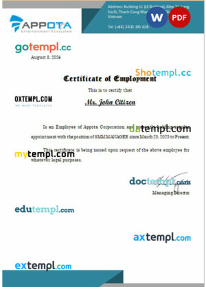 Vietnam Appota Corporation certificate of employment Word and PDF download template