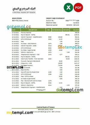 Yemen Central Bank of Yemen bank statement, Excel and PDF template