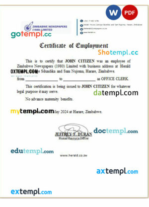 Zimbabwe Newspapers 1980 Limited certificate of employment Word and PDF download template