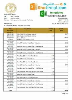 Bolivia Banco Central de Bolivia bank statement easy to fill template in .xls and .pdf file format