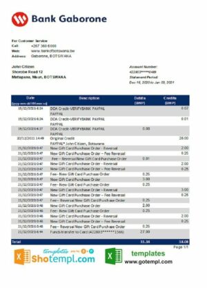 Botswana Bank Gaborone bank statement template in Excel and PDF format, fully editable