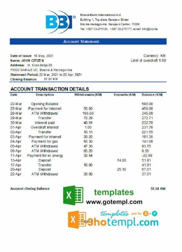 Bosnia and Herzegovina Bosna Bank International bank statement easy to fill template in Excel and PDF format (AutoSum)