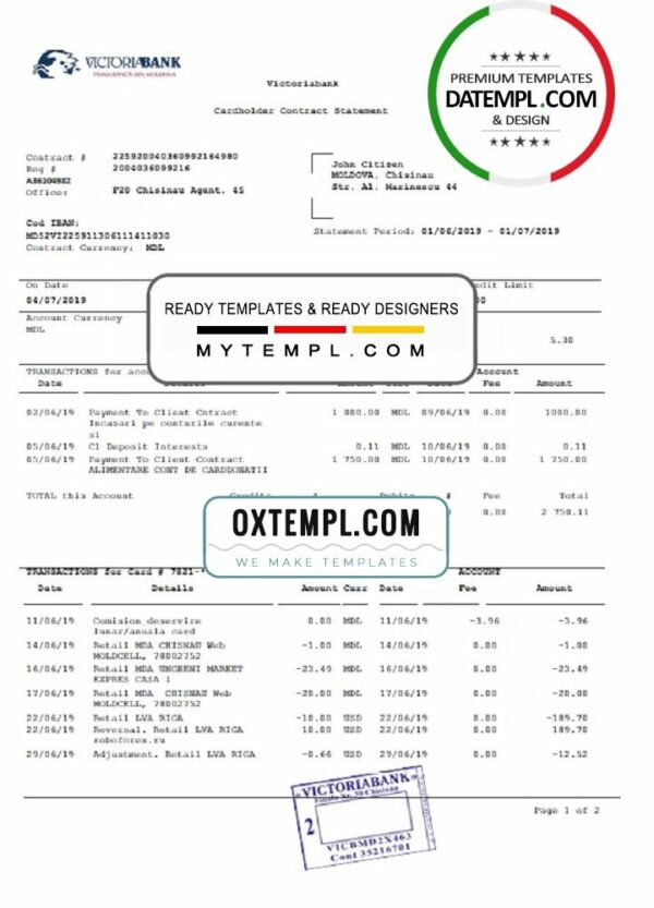 Moldova Victoriabank proof of address statement template in Word and PDF format