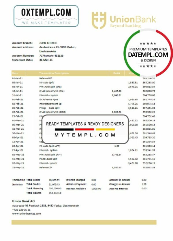 Liechtenstein Union Bank AG bank statement easy to fill template in Excel and PDF format