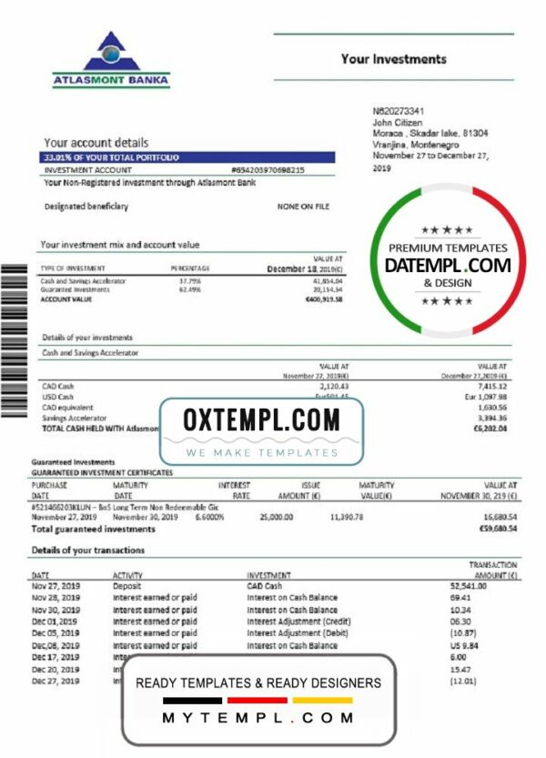 Montenegro Atlasmont Bank statement template, Word and PDF format (.doc and .pdf)