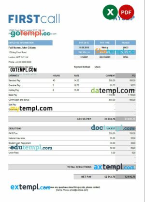 call forwarding company paystub example in Excel and PDF formats