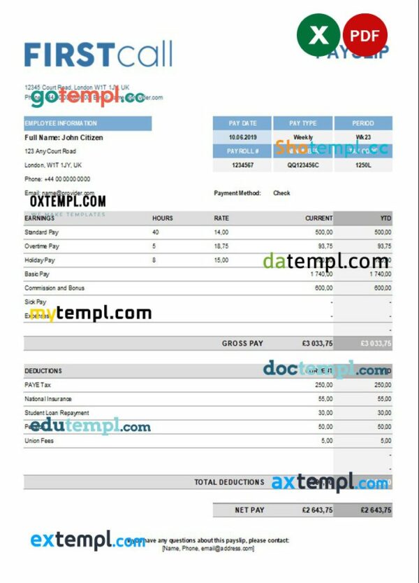 call forwarding company paystub example in Excel and PDF formats
