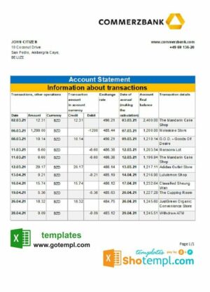 Belize Commerzbank bank statement easy to fill template in Excel and PDF format
