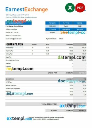 currency exchange company payroll example in Excel and PDF formats
