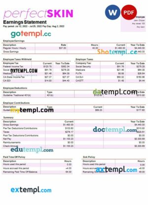 dermatology company paystub example in Word and PDF formats
