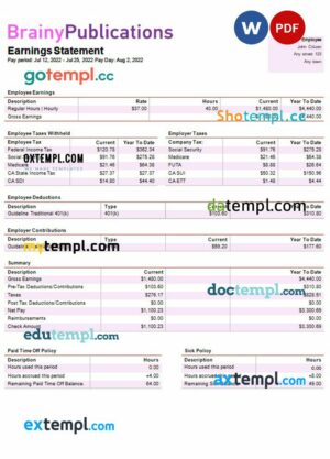 digital publishing company paystub example in Word and PDF formats