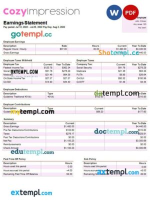 fast fashion company payslip example in Word and PDF formats