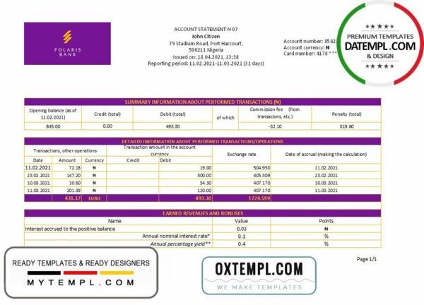 Nigeria Polaris Bank statement easy to fill template in Excel and PDF format
