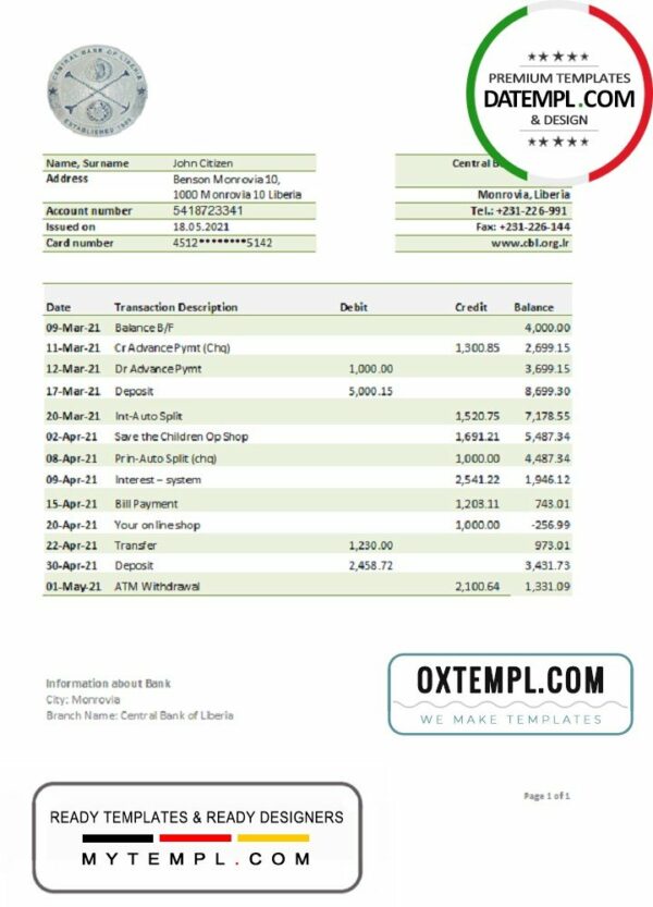 Liberia Central Bank of Liberia bank statement easy to fill template in .xls and .pdf file format