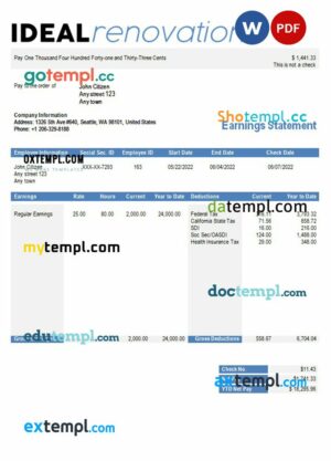 home renovation company paystub example in Word and PDF formats