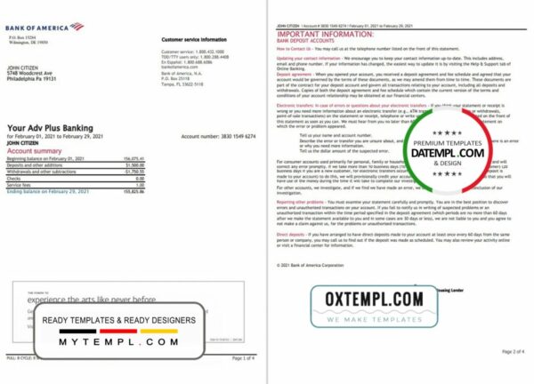 USA Bank of America bank statement 3 - 6 months example in Excel and PDF format (4 pages), version 3