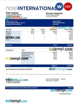 hotel International payroll example in Word and PDF formats