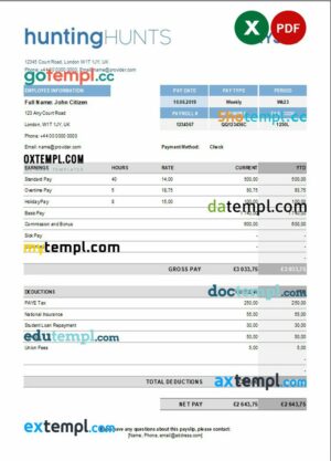hunting company paystub example in Excel and PDF formats