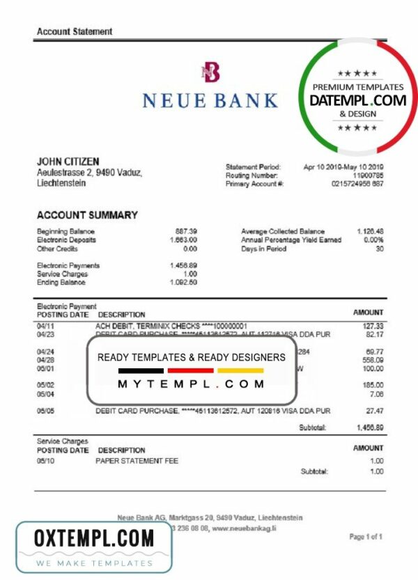 Liechtenstein Neue Bank AG proof of address statement template in Word and PDF format