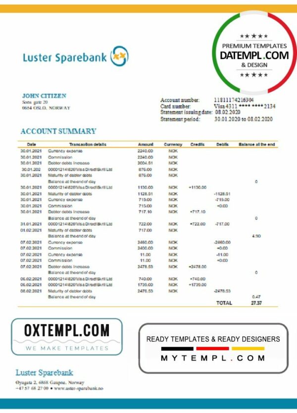 Norway Luster Sparebank bank statement easy to fill template in Word and PDF format