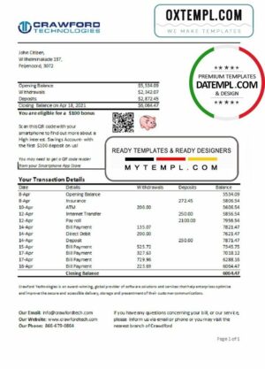 Netherlands (Holland) Crawford Technologies Bank statement easy to fill template in Excel and PDF format