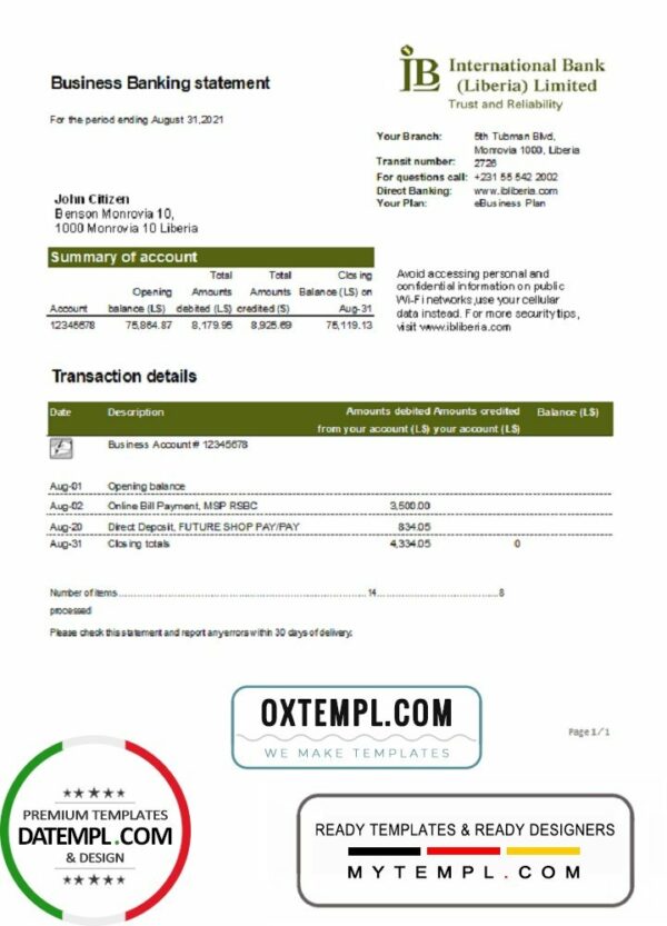 Liberia IB International Bank proof of address statement template in .xls and .pdf file format