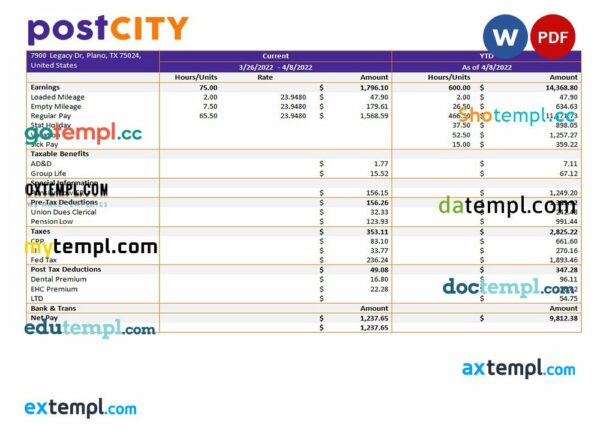 Post City company earning statement example in Word and PDf formats