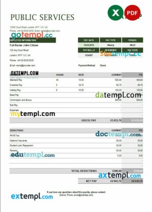 public services corporation payslip example in Excel and PDF formats