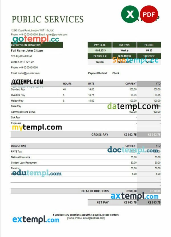 public services corporation payslip example in Excel and PDF formats