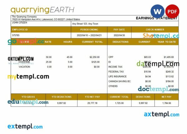 quarrying company fully editable paystub example in Word and PDF formats