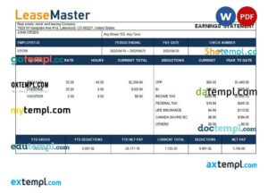 real estate, rental and leasing company payslip example in Word and PDF formats
