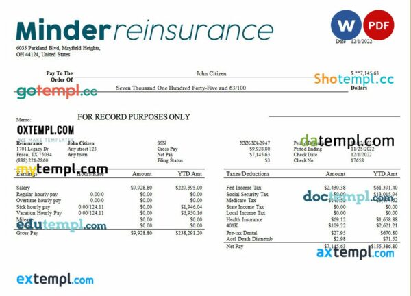 reinsurance company payroll example in Word and PDF formats