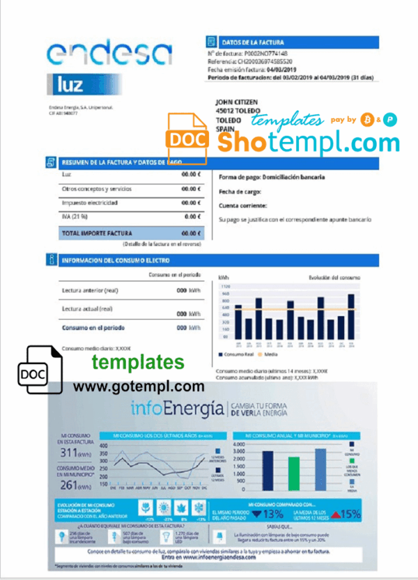 Spain Endesa luz utility bill download example in Word and PDF format