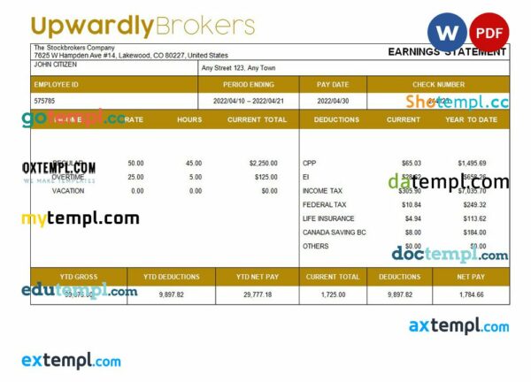 stockbrokers company payslip example in Word and PDF formats