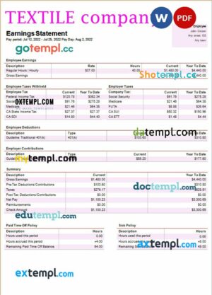 textile company payroll example in Word and PDF formats