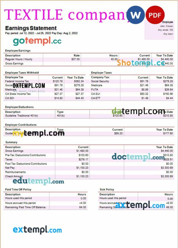 textile company payroll example in Word and PDF formats