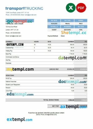 transport company payroll example in Excel and PDF formats