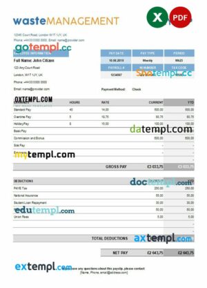 waste management company earning statement example in Excel and PDF formats